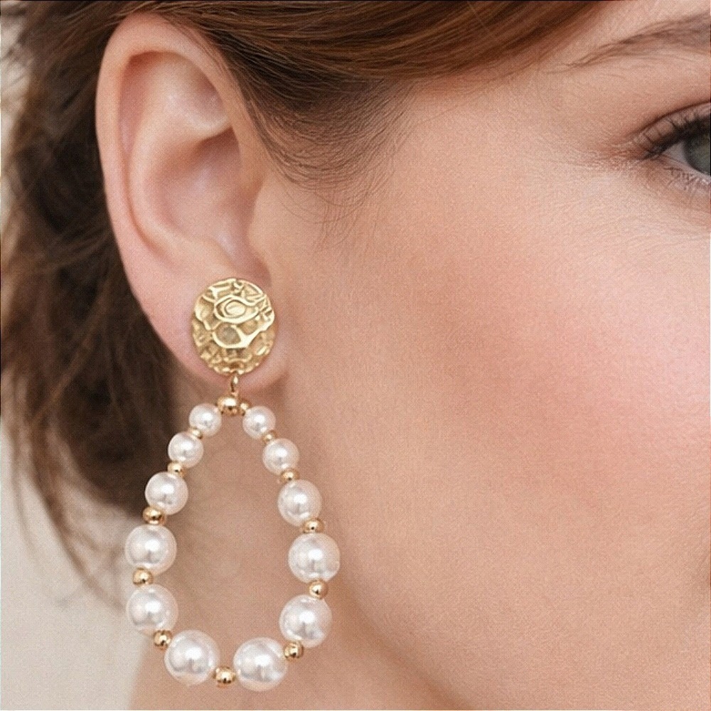 Gold Faux Pearl Drop Earrings Statement Teardrop Bridal Glam Wedding guest 💖